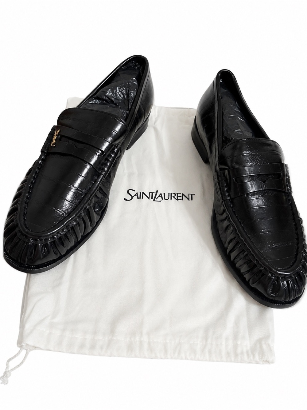 Saint Laurent Black Leather Penny Loafers with Subtle Gold Accent